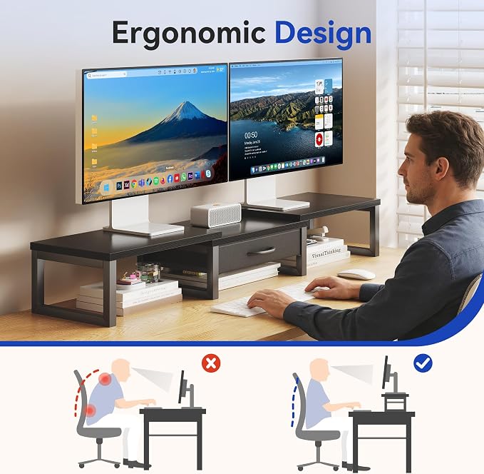 Dual Monitor Stand Riser, Desk Organizers and Accessories with Drawer, Computer Monitor Stands for Desk, Adjustable Desktop Shelf for PC Laptop Printer TV, Black - Image 4
