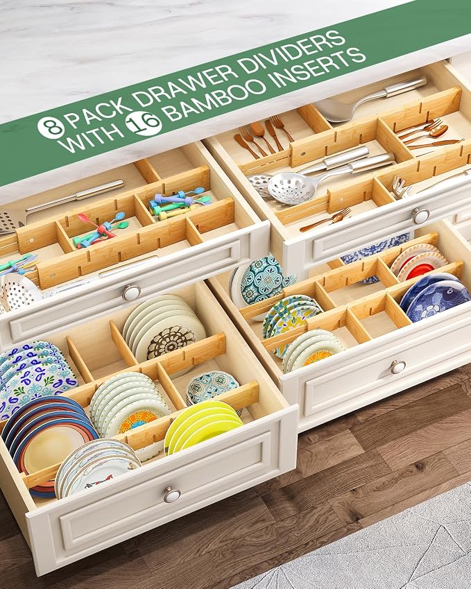kiplant Kitchen Drawer Dividers - Adjustable Drawer Organizer for Clothes, Kitchen, Closet & Office - 8 Pack with Inserts, 18-22.6 Inches, Non-Slip Silicone Ends - Image 5