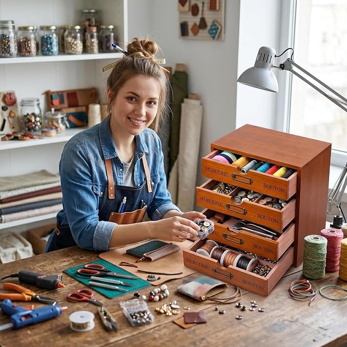Wesiti 5-drawer Vintage Wooden Desk Organizer, Rustic Apothecary Cabinet Storage Drawers, Home Office Organizer for Craft, Sewing, Jewelry, Gift - Wood Desktop Drawer Box, Stackable - Image 5