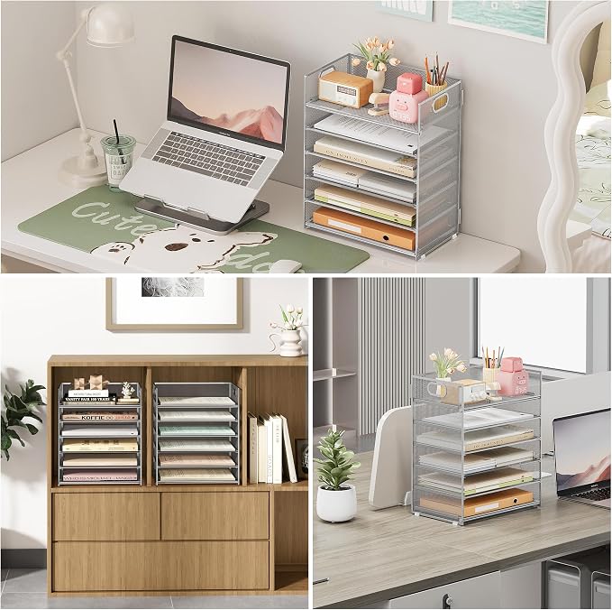 Subekyu 6 Tier Paper Organizer for Desk with Handle, Metal Mesh Desk Office File Folder Paper Letter Tray Accessories Organizer Sorter for Home, School, Office Desktop Document Organization - Silver - Image 4