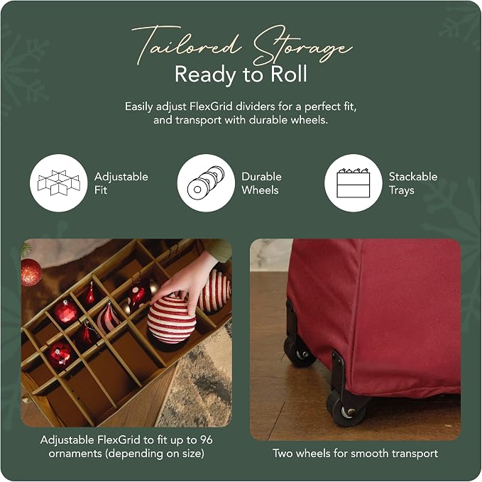 Covermates Keepsakes Rolling Adjustable Ornament Storage Bag – Heavy-Duty Polyester, FlexGrid Trays & Padded Dividers – Protective Holiday Organizer with Wheels, Handles & ID Window, Red - Image 5