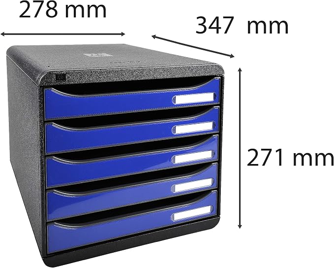 Exacompta - Ref 3097203D - BIG-BOX PLUS Desktop Drawer Set - 5 x 43mm Drawers, Suitable for A4+ Documents, 347 x 278 x 271mm, 100% Recycled Plastic - Black/Glossy Ocean Blue - Image 3