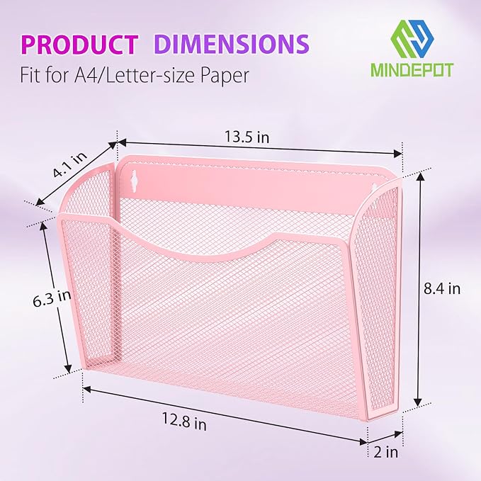 MINDEPOT Wall File Organizer, Hanging Wall File Holder, 3 Pack, Pink | Heavy Duty Iron, Metal Mesh Wall Mount, Single Pocket, Mail Organizer, for Office School Classroom Home, Letter A4 Size - Image 2