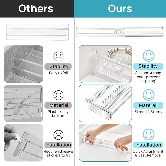 Vtopmart 2.36" Short Upgrade Drawer Dividers 12.8"-22.3" Expandable 8 Pack | Adjustable Kitchen Drawer Organizer, Clear Plastic Separator for Flatware, Utensils, Cutlery, Underwear Storage, Space Saving - Image 7