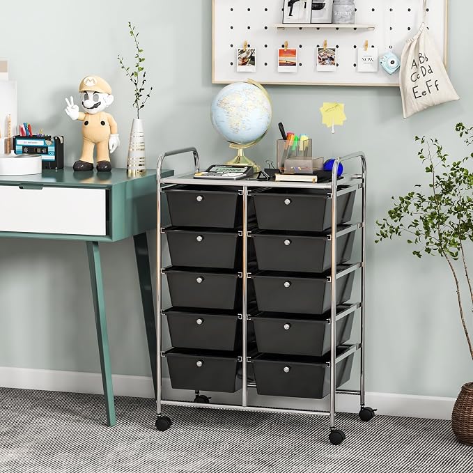 COSTWAY 10 Drawer Rolling Storage Cart, Utility Cart with Lockable Wheels | Mobile Art Supply Craft Organizer with Metal Frame, Multipurpose Drawer Cart for Paper for Office, School, Black - Image 8