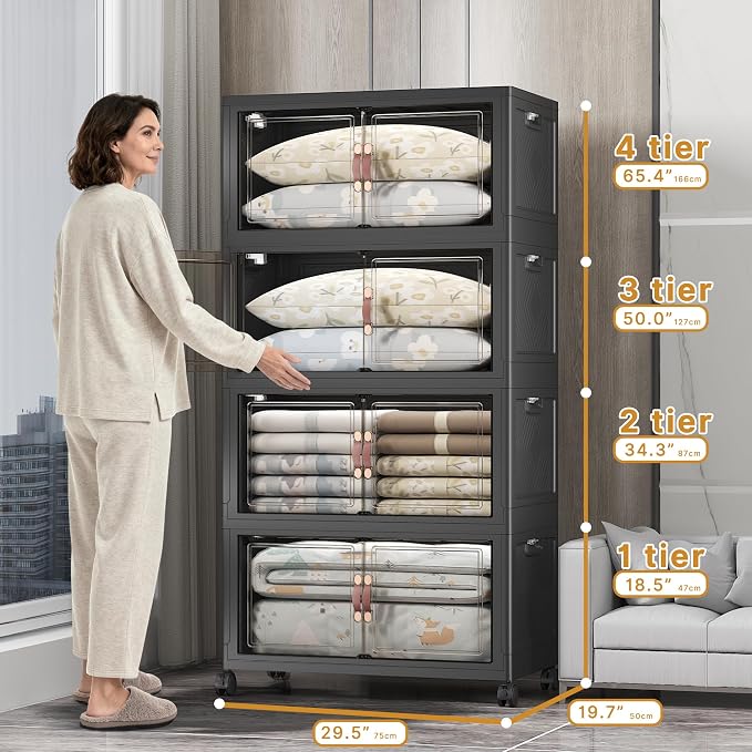 Stackable Storage Bins, 700QT Collapsible Drawers with 1 Lid | Large Capacity, Magnetic Door, Stack Lock, Rolling Wheels, Foldable Design, Organizers and Storage for Bedroom Dorm Garage - Image 2