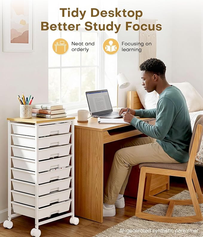 Homde Rolling Storage Drawer Cart: 8-Drawer Sort to Clear Desk & Dresser Clutter - Anti-Fall Smooth Glide Prevents Spill-Out During Daily Grab - Lockable Wheels Keep It Steady - Image 6