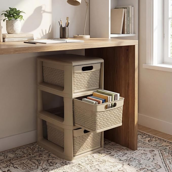 Giantex 2 Pack 3-Drawer Storage Organizer, Plastic Wicker Tower Baskets, Counterop & Under-desk Compact Container Boxes for Office, Bedroom, Bathroom, Living Room, Taupe - Image 2