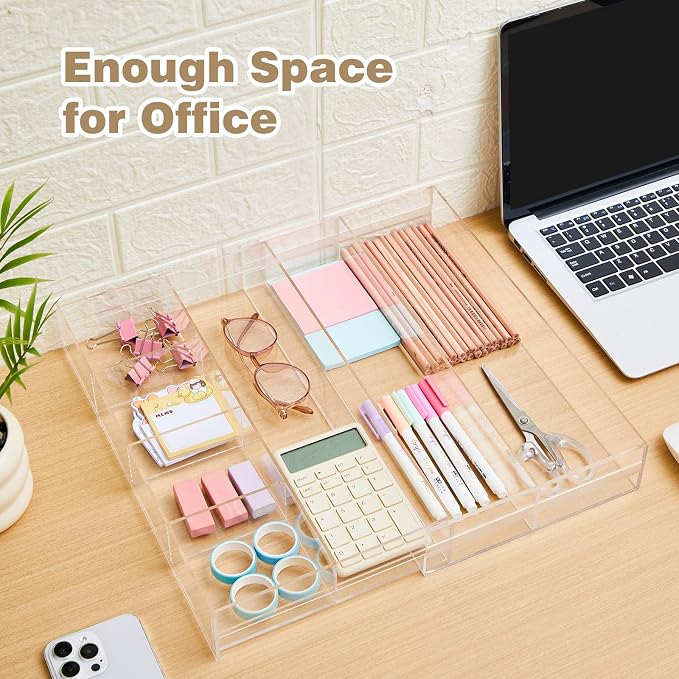 Briwooody Clear Acrylic Drawer Organizer Expandable,7 Compartments,Medium | 9'' up to 18'' x 12'' x 2.1'' Desk Drawer Organizer Trays Adjustable with Desk Accessories for Makeup Office Bathroom - Image 4