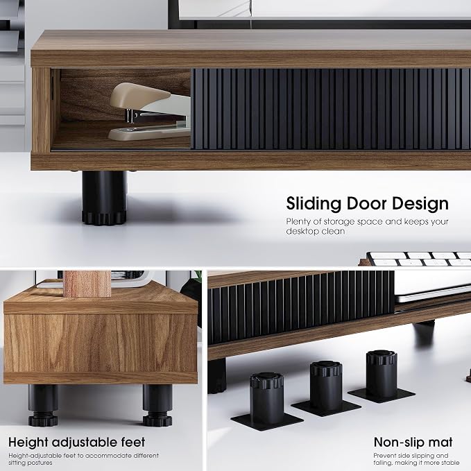 Fenge Dual Monitor Stand with Storage, Desk Shelf with Glass Sliding Door | Ergonomic Height Adjustment, 42.5in Monitor Shelf, 2-Tier Monitor Riser, Desk Organizer for Screen, PC, Laptop, Brown - Image 4
