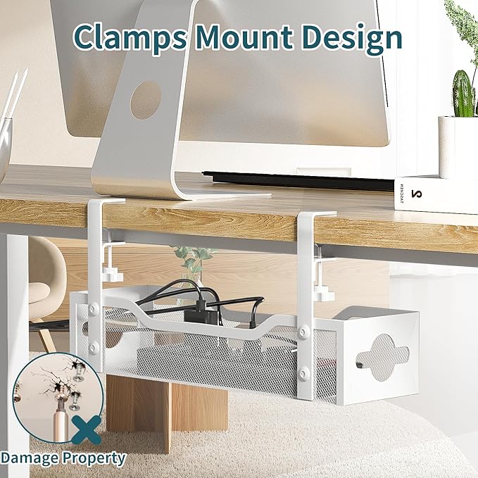 Under Desk Cable Management Tray 2 Pack, No Drill Cable Organizer With Clamp for Standing Desk, Easy to Install Cord Management System, No Damage Wire Organizer - Image 6