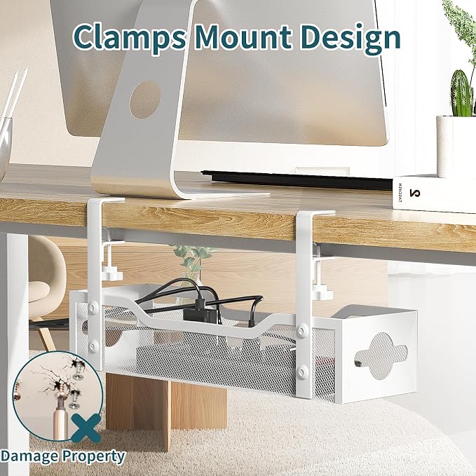 Under Desk Cable Management Tray No Drill, 13.38'' Metal Tray with Clamp for Wire Management, Litwaro Cord Organizer Home Office Damage to Standing Desk, White - Image 2