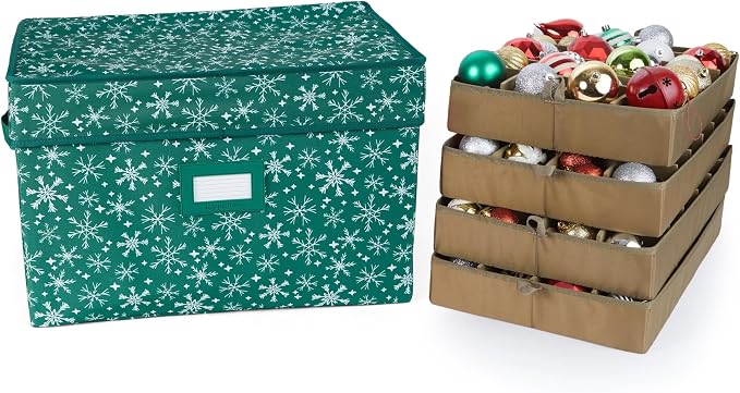 Covermates Keepsakes Adjustable Ornament Storage Box – Heavy-Duty Polyester, Padded Dividers & FlexGrid Trays – Protective Holiday Organizer with Stackable Walls & Label Window, Green Snowflake by Covermates