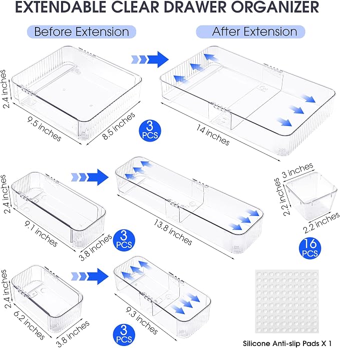 Aneco 25 Pieces Extendable Clear Drawer Organizer Adjustable Vanity Storage Box 4-Size Desk Drawer Divider Acrylic Storage Bins for Makeup, Cosmetic, Jewelries, Bedroom Kitchen Utensils Gadgets - Image 2