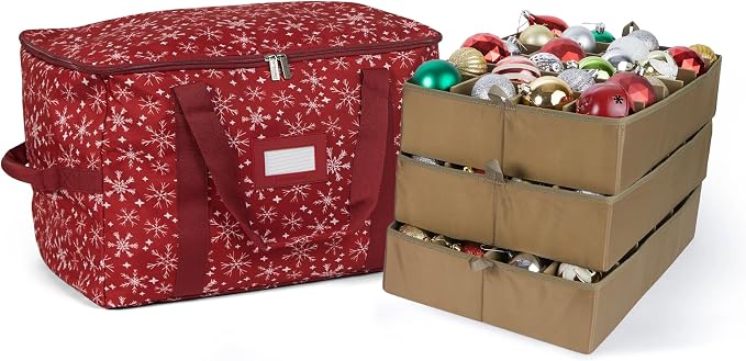 Covermates Keepsakes Adjustable Ornament Storage Bag – Heavy-Duty Polyester, Padded Dividers & FlexGrid Trays – Protective Holiday Ornament Organizer with Handles & Label Window, Red Snowflake by Covermates