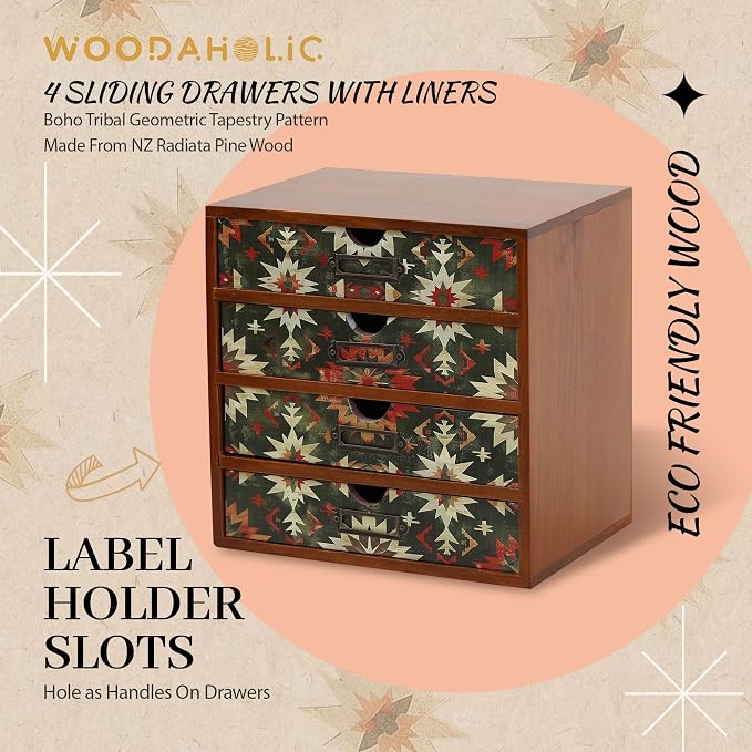 Boho Green Wooden Desk Organizer with Drawers – 4-Drawer Desktop Storage Box – Rustic Tribal Wood Desk Organizer for Office, Vanity, or Craft Supplies – Compact & Stylish Wooden Storage Drawers - Image 8