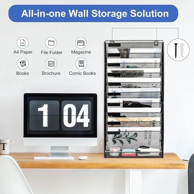EasyPAG Wall File Holder 10 Tier Mesh Hanging Folder Organizer with Flat Tray Wall Mounted Mail Organizer Magazine Paper Desk Shelf with Nametag Label for Office Home School, Black - Image 5