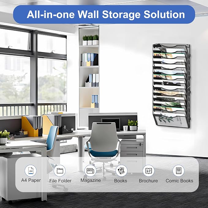 EasyPAG Wall File Organizer for Office 14 Pocket Mesh Wall Mounted Paper Organizer Hanging Folder Holder with Nametag Label for Home School, Black - Image 5