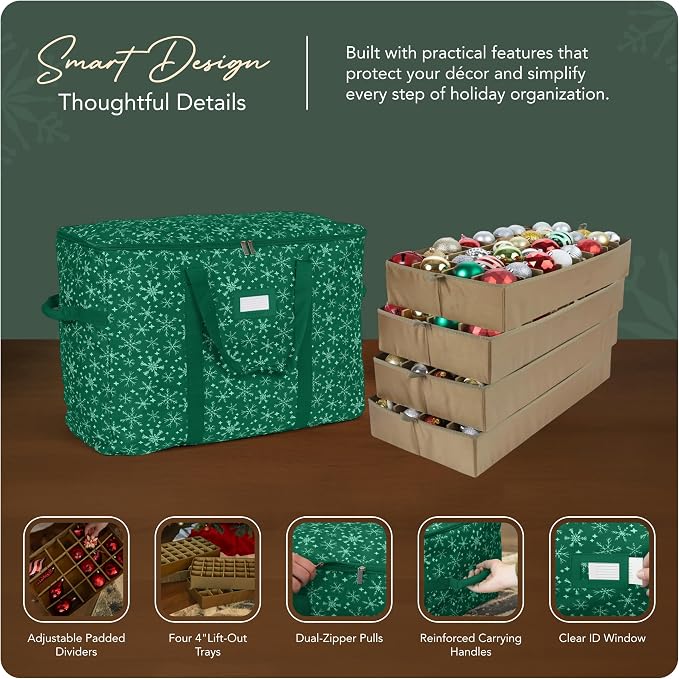 Covermates Keepsakes Adjustable Ornament Storage Bag – Heavy-Duty Polyester, Padded Dividers & FlexGrid Trays – Protective Holiday Ornament Organizer with Handles & Label Window, Green Snowflake - Image 4