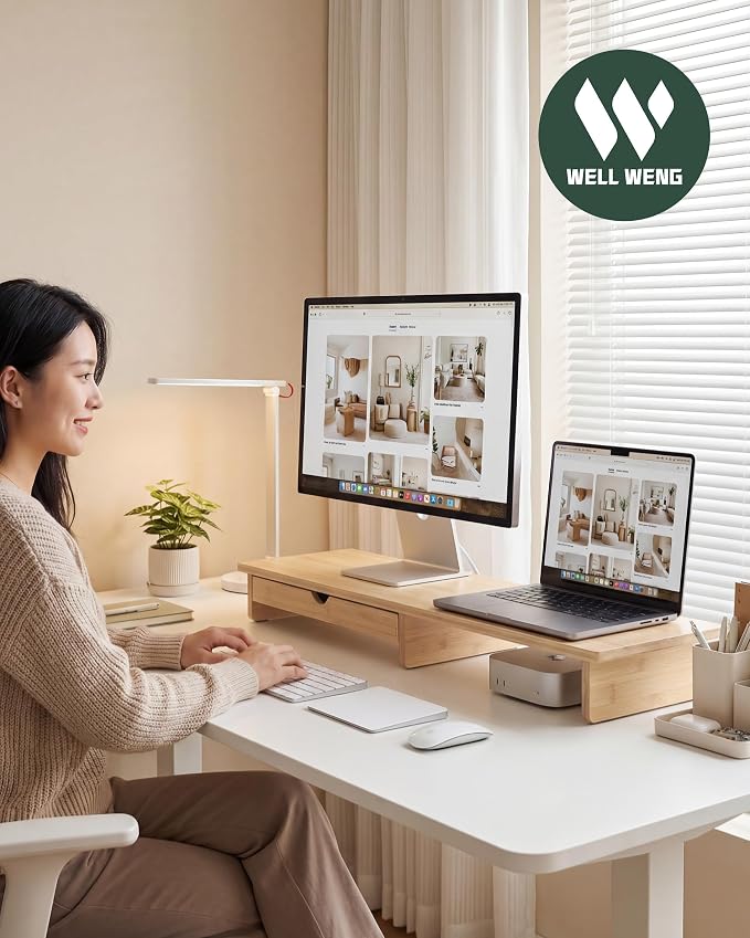 42” Monitor Stand with Large Drawer Keyboard Storage,Bamboo | Dual Computer Monitor Riser Shelf for 55-72 Inch Desk Aesthetic Workplace Computer Setup Desktop Organizer Easy Assembly - Image 2