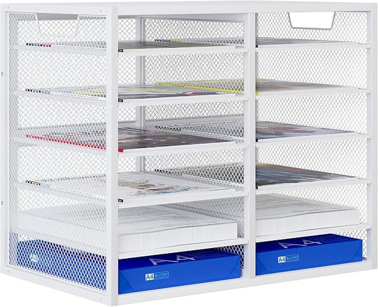 Mail Sorter for Desk, Countertop Literature Organizer, Student Mailbox for Classroom, Desktop Bill Paper Holder Rack for Office Home School, 12 Compartments, White by PAG-Mass