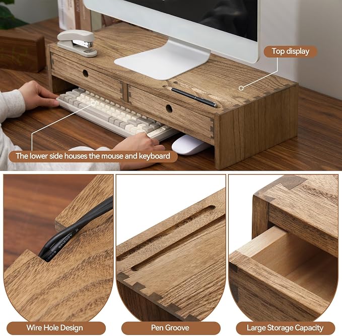 KIRIGEN Solid Wood Monitor Stand with 2 Drawers, Desk Riser, Brown PMJ-DBR | Desktop Organizer with Cable Opening and Pen Slots Stores Office Supplies, Supports Up To 50 Lb and Arrives Fully Assembled - Image 2