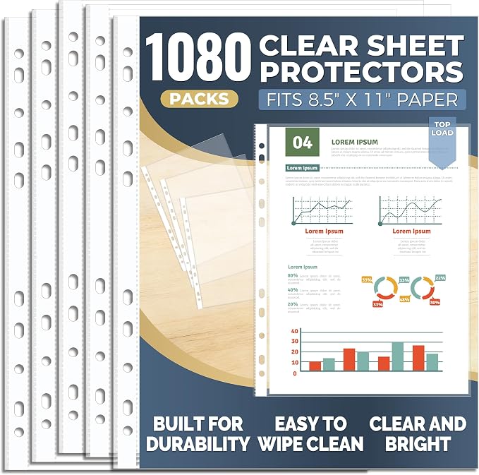 1080 Pack Clear Sheet Protectors 8.5 x 11 Inch, Plastic Page Sleeves for 3 Ring Binder, Transparent Letter-Size Document Covers, Top Loading, for Paper Documents, Home, School and Office Use by Unknown