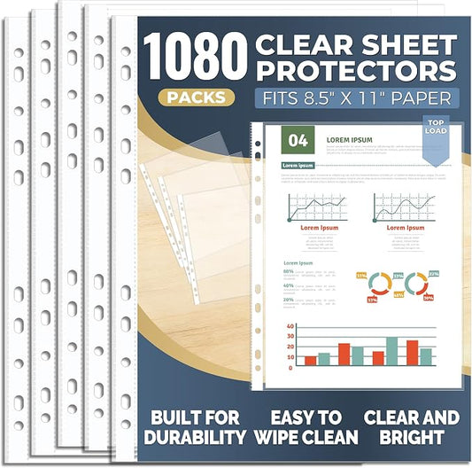 1080 Pack Clear Sheet Protectors 8.5 x 11 Inch, Plastic Page Sleeves for 3 Ring Binder, Transparent Letter-Size Document Covers, Top Loading, for Paper Documents, Home, School and Office Use by Unknown
