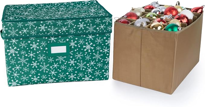 Covermates Keepsakes Adjustable Ornament Storage Box – Heavy-Duty Polyester, Padded Dividers & FlexGrid Trays – Protective Holiday Organizer with Stackable Walls & Label Window, Green Snowflake by Covermates