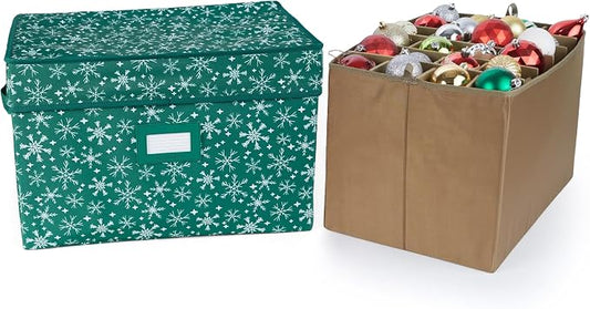 Covermates Keepsakes Adjustable Ornament Storage Box – Heavy-Duty Polyester, Padded Dividers & FlexGrid Trays – Protective Holiday Organizer with Stackable Walls & Label Window, Green Snowflake by Covermates
