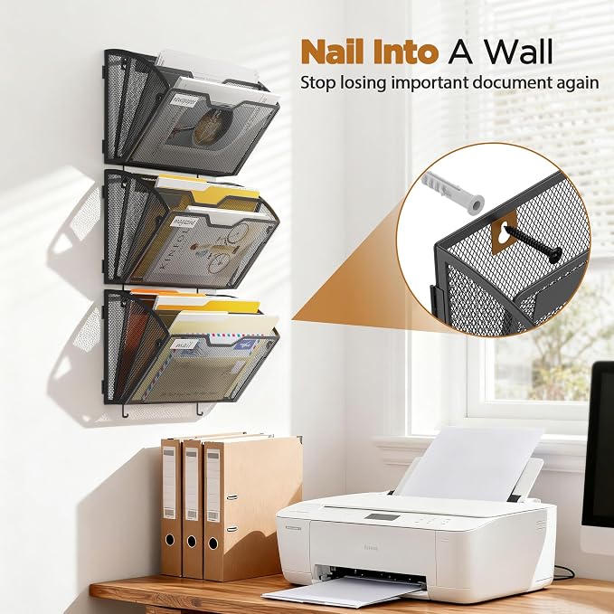Docnest 3 Pack 3 Tier Mesh Wall File Holders with Hooks for Mail, Black | Space-saving vertical design with utility hooks. Ideal paper document organizer for office, home, and school - Image 4