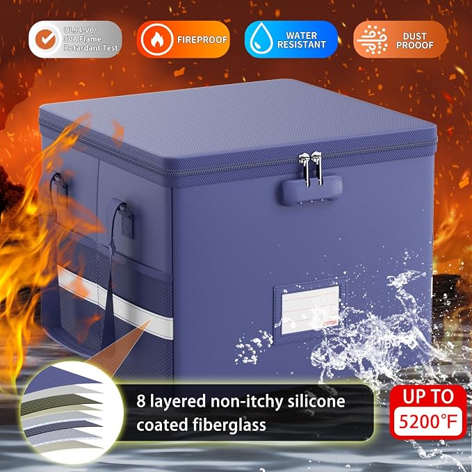 ENGPOW 5200°F File Box Fireproof Document Box with Lock,Heat Insulated Collapsible File Storage Organizer Box with Handle,Portable Home Office File Cabinet for Hanging Letter/Legal Size Folder, Blue - Image 3