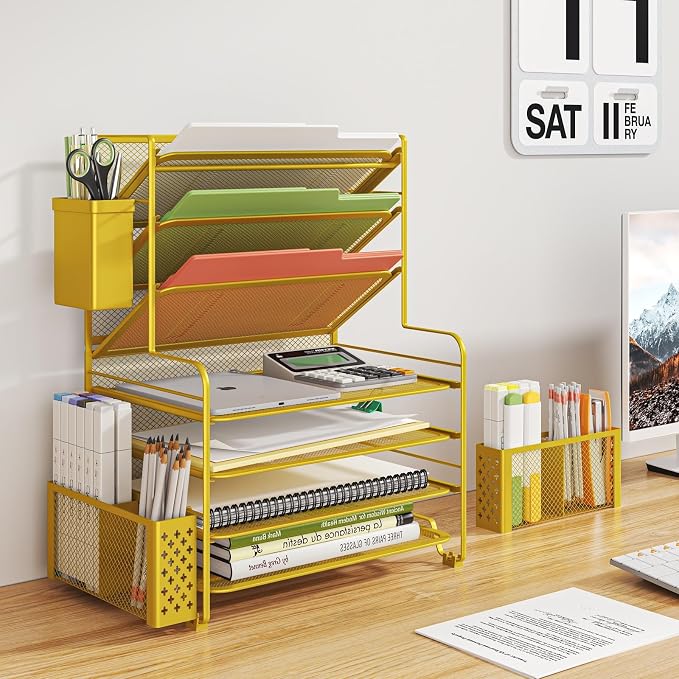 Simple Trending 7 Tier Desk File Organizer, Letter Tray Paper Organizer with Pen Holder and Metal Hanging Basket, Gold - Image 2
