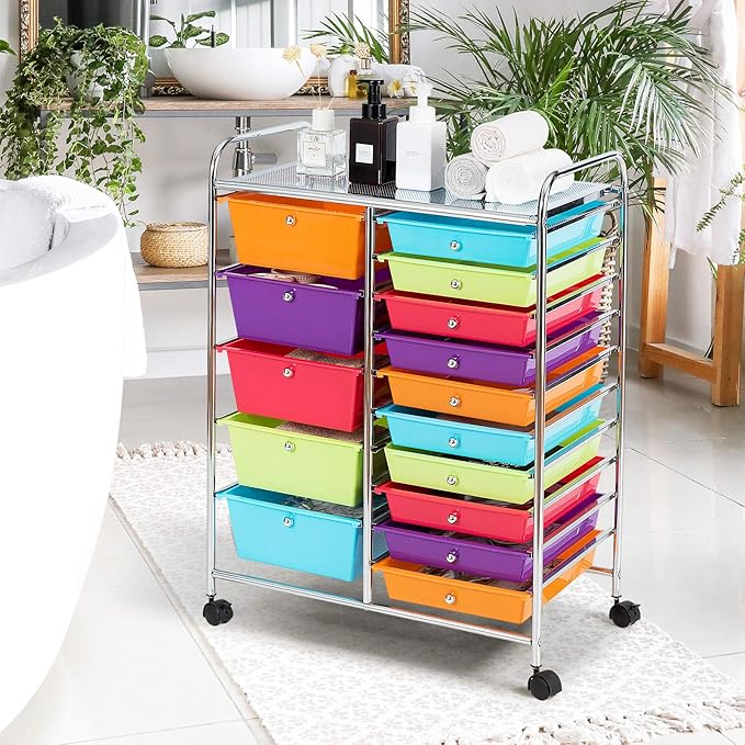 GOFLAME 15-Drawer Rolling Storage Cart, Craft Storage Cart with Removable Drawers & Lockable Wheels, Art Cart Supply Storage Organizer for Home Office Classroom, Multicolor - Image 9