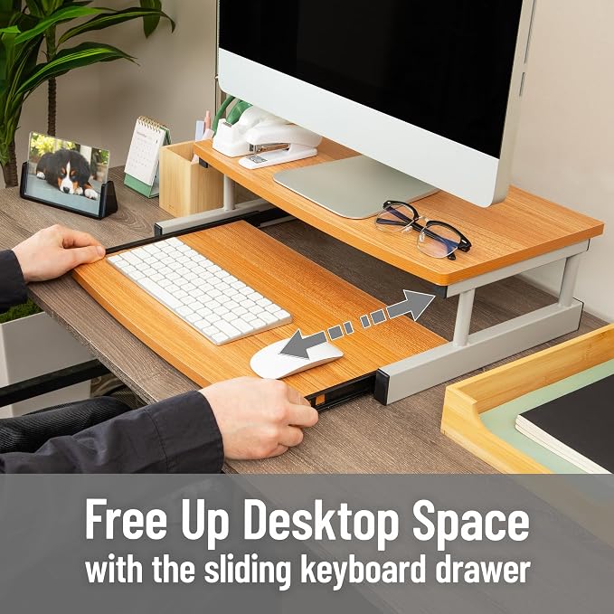 Mind Reader Monitor Stand, Sliding Keyboard Drawer, Laptop, Riser, Office, Wood/Metal, 20"L x 14.75"W x 5.9"H, Brown, Silver - Image 4