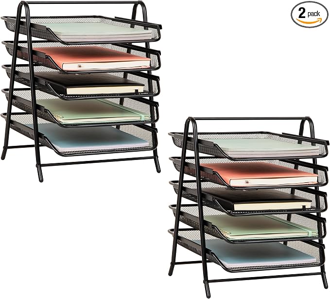 Mind Reader 5-Tier Paper Tray, Desktop Organizer, File Storage, Office, Metal Mesh, 11.75"L x 14"W x 15"H, Set of 2, Black by MindReader