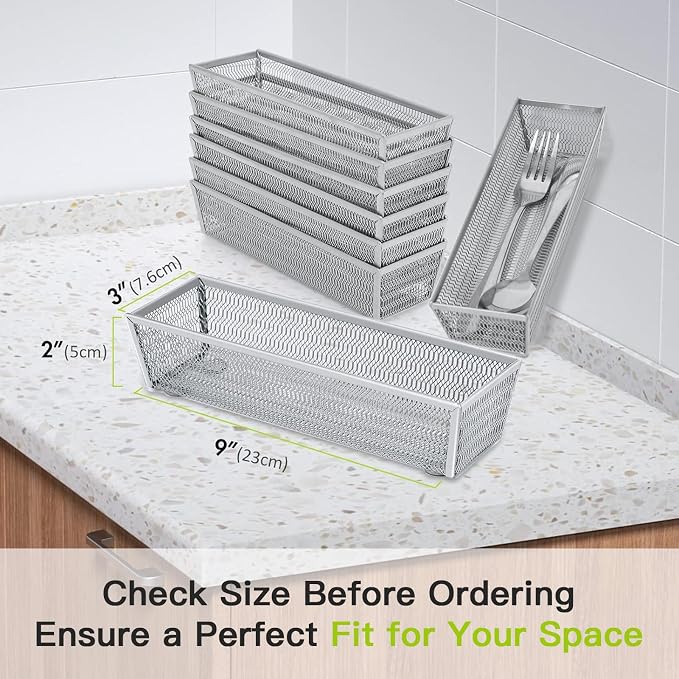 Neudeco Silverware Organizer, Silver, 9 * 3 * 2 inch, Pack 6 | Mesh Drawer Organizer, Metal Utensil Organizer, For Flatware, Knives, Spoons, Cosmetic - Image 2