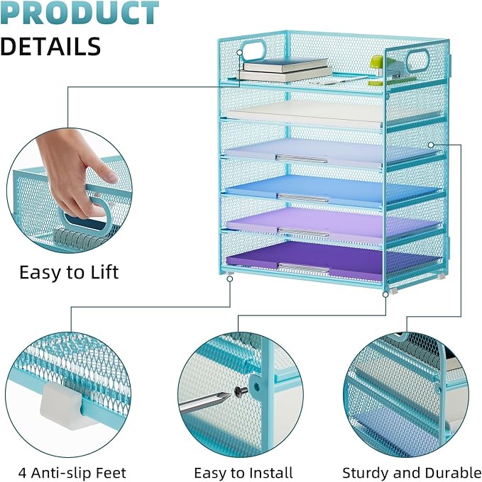 Marbrasse 2 Pack Desk Organizer with Handle, 6 Tier Paper Letter Tray, Mesh Desk File Organizer for Office, School and Home - Blue - Image 4