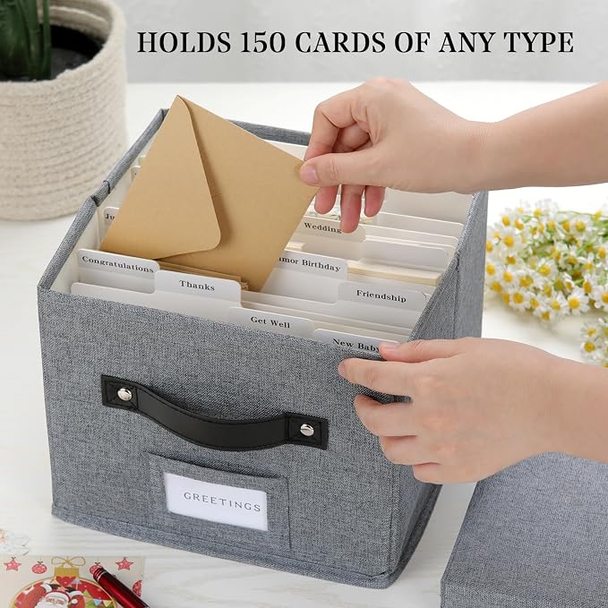 Greeting Card Organizer with dividers - Storage Box with lid Holds 150+ Cards - Assortment Box for Greeting Cards,Recipes, Photos, Envelopes, Keepsake - 9 x 9 x 7 Inches (Gray, 1 pcs) - Image 2