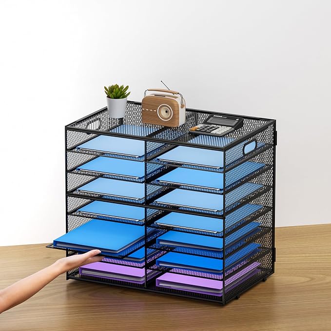 Lavatino 14 Compartments Paper Organizer for Desk, Mesh Literature Organizer, Mail File Sorter Tray with Handle, Desktop Mailbox for Office Classroom Home, Black - Image 6