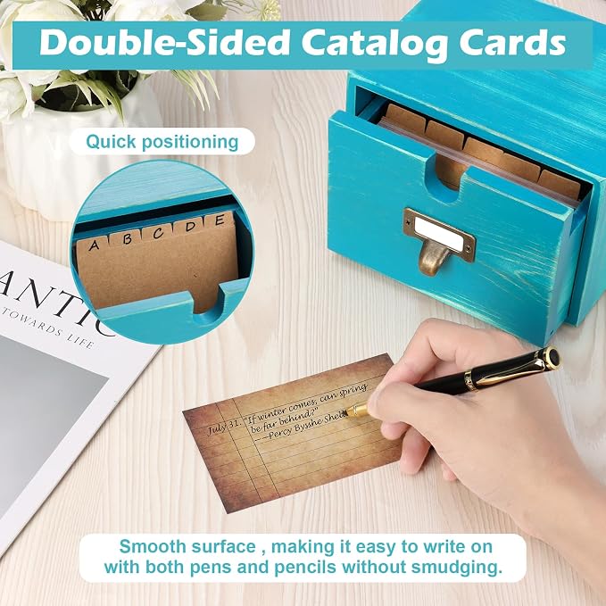 Blue 3x5 Index Card Holder with Drawer Wooden Index Card Box Vintage Card Catalog Box 30 Vintage Library Note Cards 5 Kraft Dividers for School Office Dorm Room Bedroom - Image 5