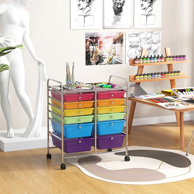 Moccha 12-Drawer Rolling Storage Cart - Utility Cart on Wheels with Lockable Casters for Craft Art Supply Paper Salon, Mobile Drawer Carts for Classroom Teacher School Office (Rainbow) - Image 8