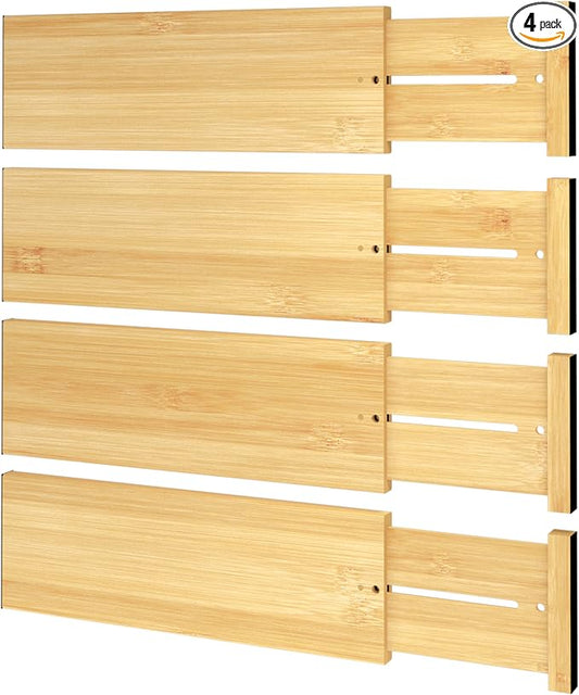 BAMEOS Bamboo Expandable Drawer Dividers – Fits 12.2"–17" Drawers, 4" Extra Deep Walls, Set of 4 | Tall Spring-Loaded Separator for Baby Dresser, Sock Drawer & Bathroom Cabinet by BAMEOS