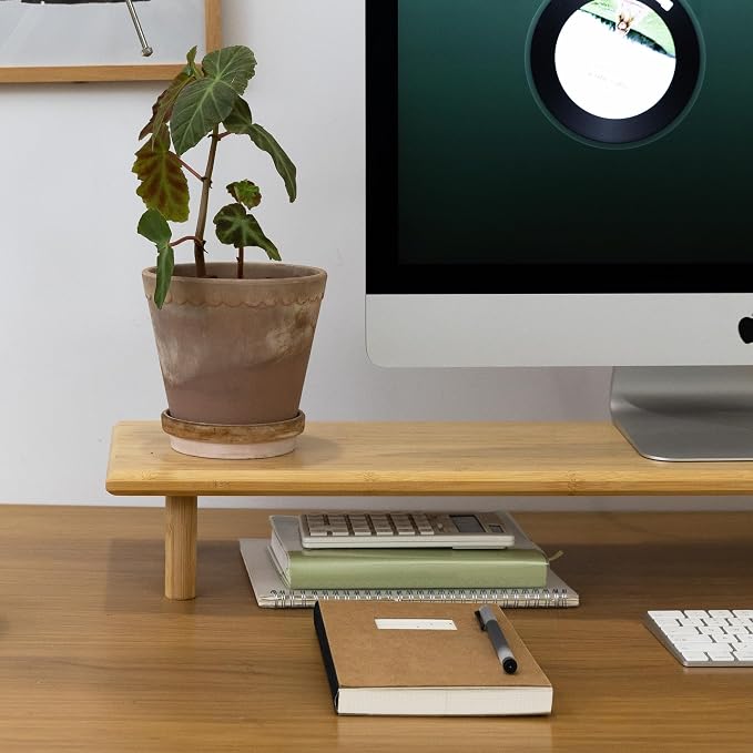 Bamboo Dual Monitor Stand Riser, Natural Desk Shelf with Storage | 39.37-Inch Wide, 3.5-Inch Clearance, Fits Keyboards, Soundbars and Two 24-Inch Monitors for Home Office - Image 4
