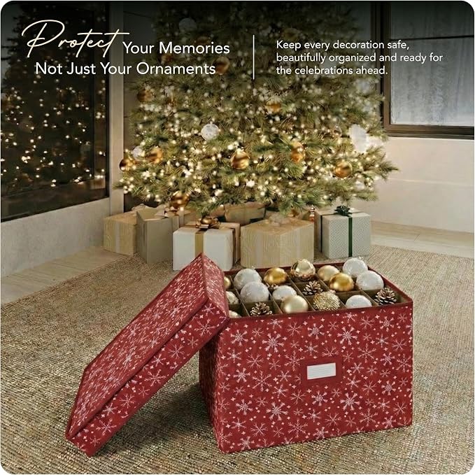 Covermates Keepsakes Adjustable Ornament Storage Box – Heavy-Duty Polyester, Padded Dividers & FlexGrid Trays – Protective Holiday Organizer with Stackable Walls & Label Window, Red Snowflake - Image 2