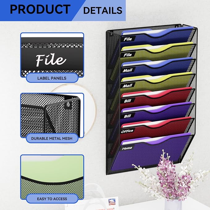 8 Pockets Hanging Wall File Organizer Mail Holder, Wall Mounted Paper Document Folder Holder, Clipboard Storage Organization Magazine Rack, Black - Image 4