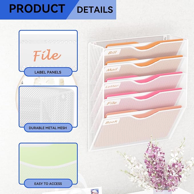 5 Pockets Hanging Wall File Organizer Mail Holder, Wall Mounted Paper Document Folder Holder, Clipboard Storage Organization Magazine Rack, White - Image 4