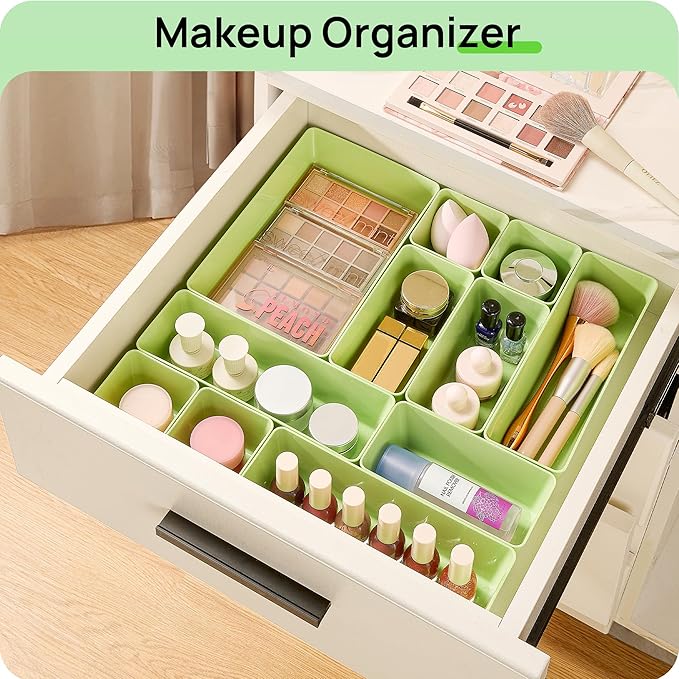 Vtopmart 25 Pack Plastic Drawer Organizers with Non-slip Rubber Pads | 4-Size Versatile Makeup Organizer, Storage Containers Small Bins for Makeup, Jewelries, Bedroom, Kitchen Utensils and Office - Image 4