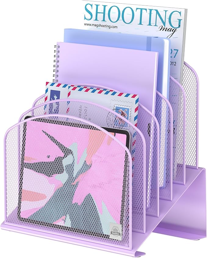 Delifox Inclined Desk File Organizer,Vertical File Folder Holder Stand Metal Rack File Sorter for Office Classroom Desktop Organization (1, Purple, 5) by Delifox