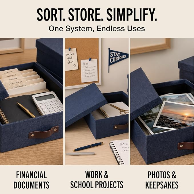 Bigso Oskar Canvas Fiberboard Document Letter Box - File Organizer Box for Important Paperwork - Document Storage with a Lid & Handle - 3.3 in x 10.2 in x 13.8 in - 3 Pack - Blue - Image 6